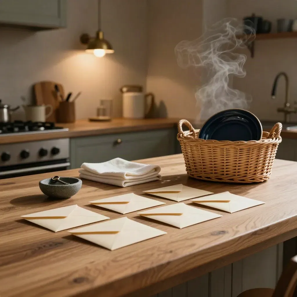 Evening kitchen island with envelopes, key bowl, tea towel, basket and kettle steam.