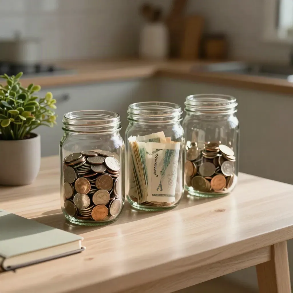 Three glass savings jars, notebook and house plant on a sunlit breakfast nook table.