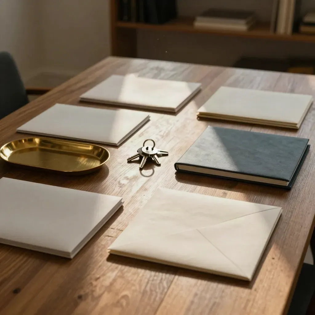 Oak strategy desk with brass tray, keys and sealed envelopes in late-afternoon sun.