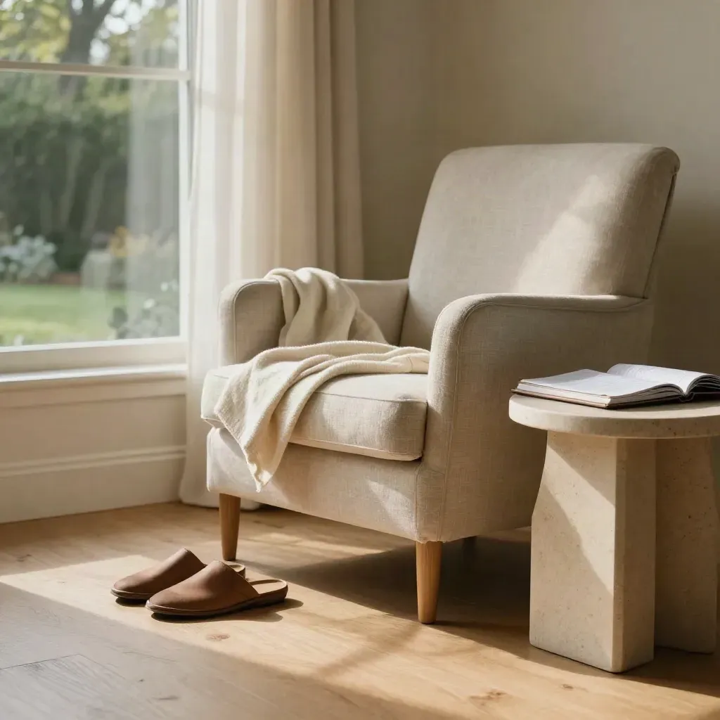 Empty conservatory chair with throw, slippers and a closed folder by soft window light.