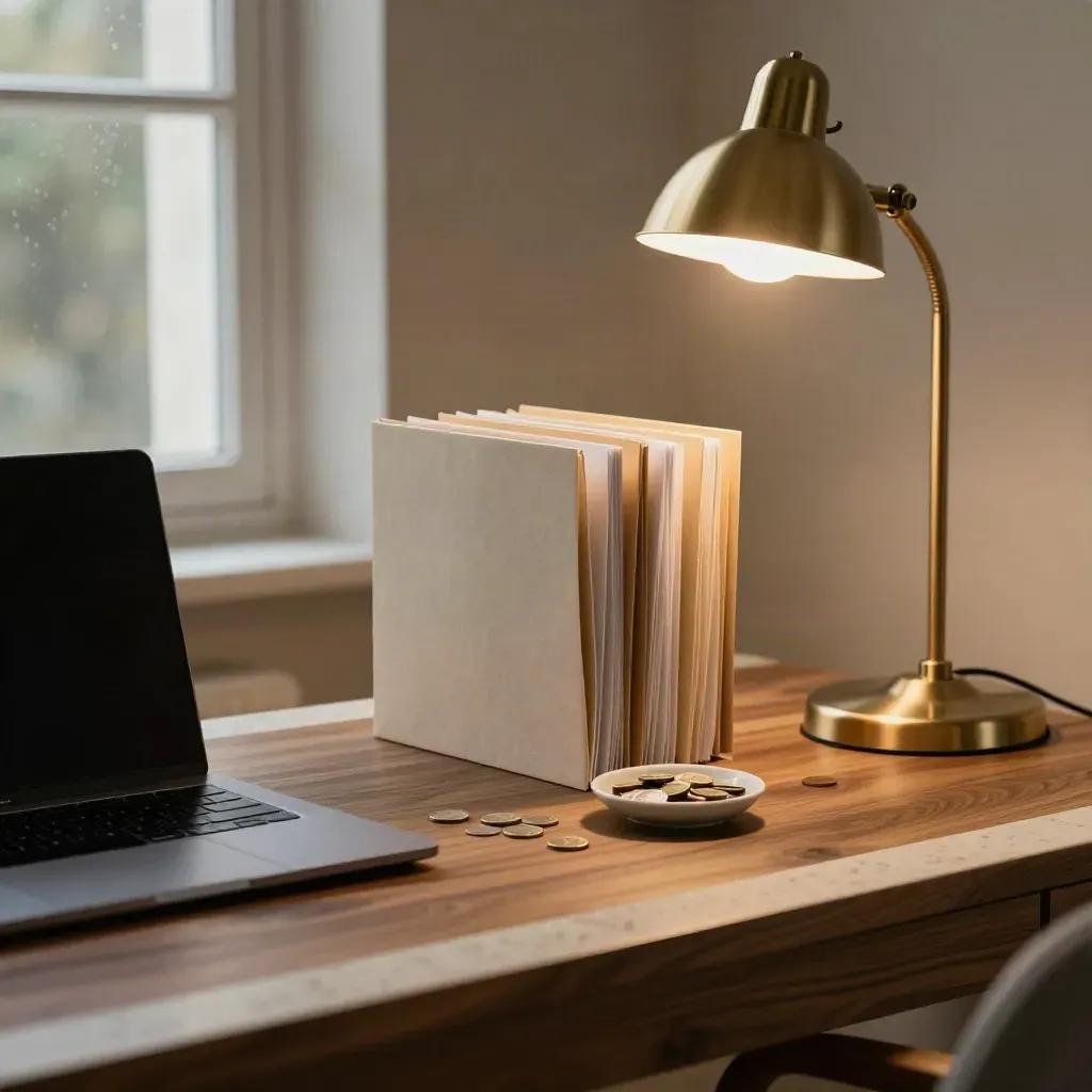 Cozy home office with closed laptop, folders, coins, and glowing brass lamp