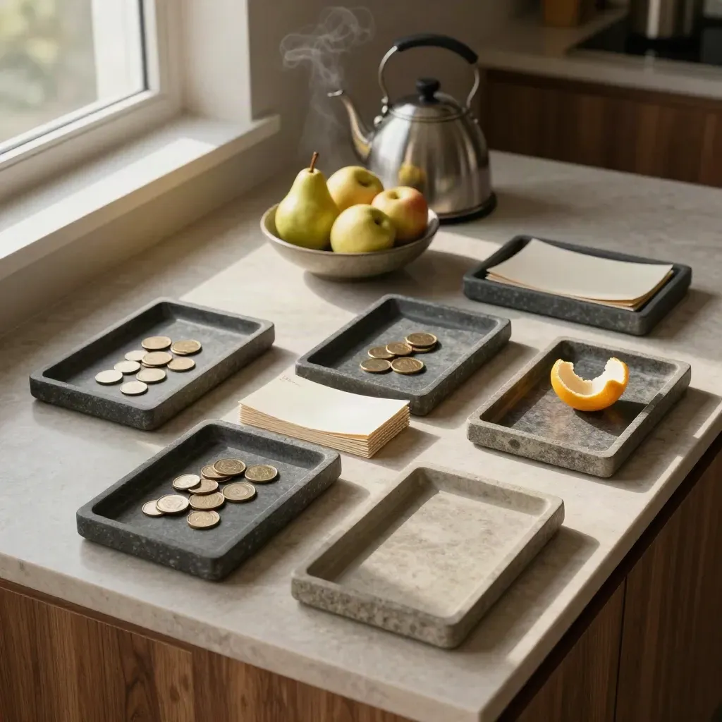 Overhead kitchen counter with stone trays, paper sleeves, fruit bowl, and kettle steam at dusk.
