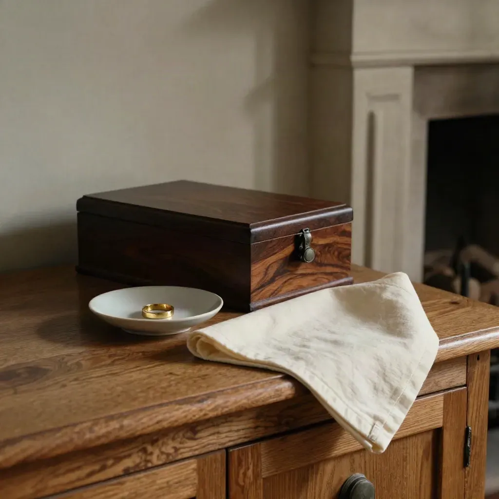 Kept keepsake box, ring dish and folded cloth on a country sideboard in late winter light.