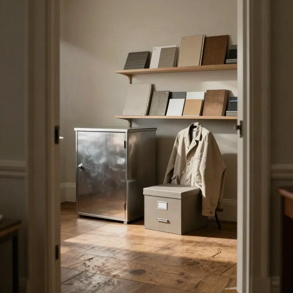 Dawn-lit office doorway with cash box, archive box, jacket and sample shelves.