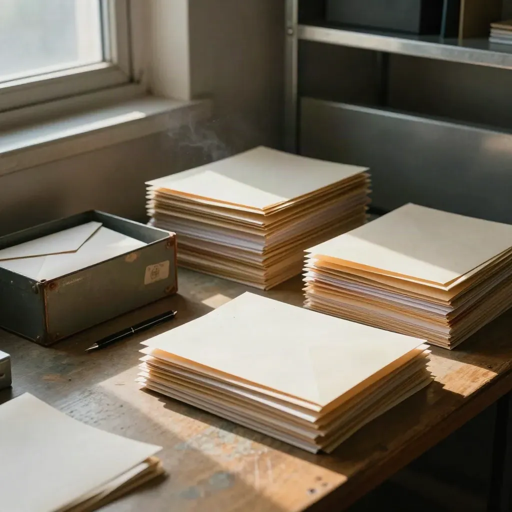 Utility-room archive envelopes and folders sorted on a worktable in warm, moody light.