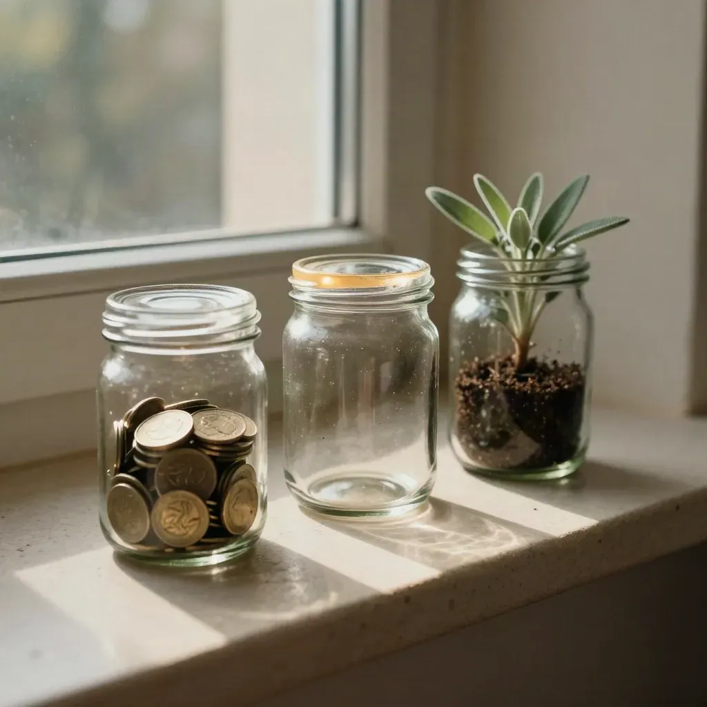 Three glass savings jars on a stone sill, one with coins and a small plant in afternoon light.