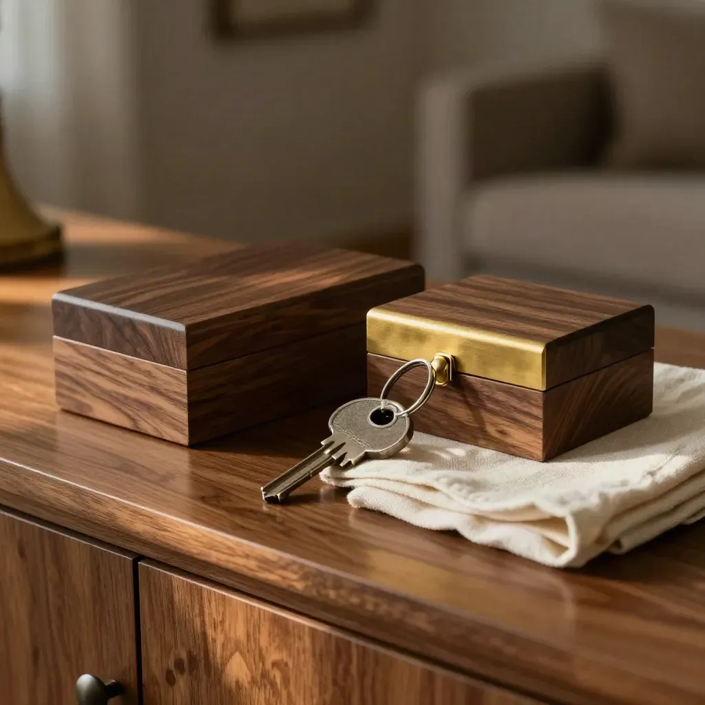 Keepsake boxes, house keys and a folded cream cloth on a dining-room sideboard in warm lamp light.