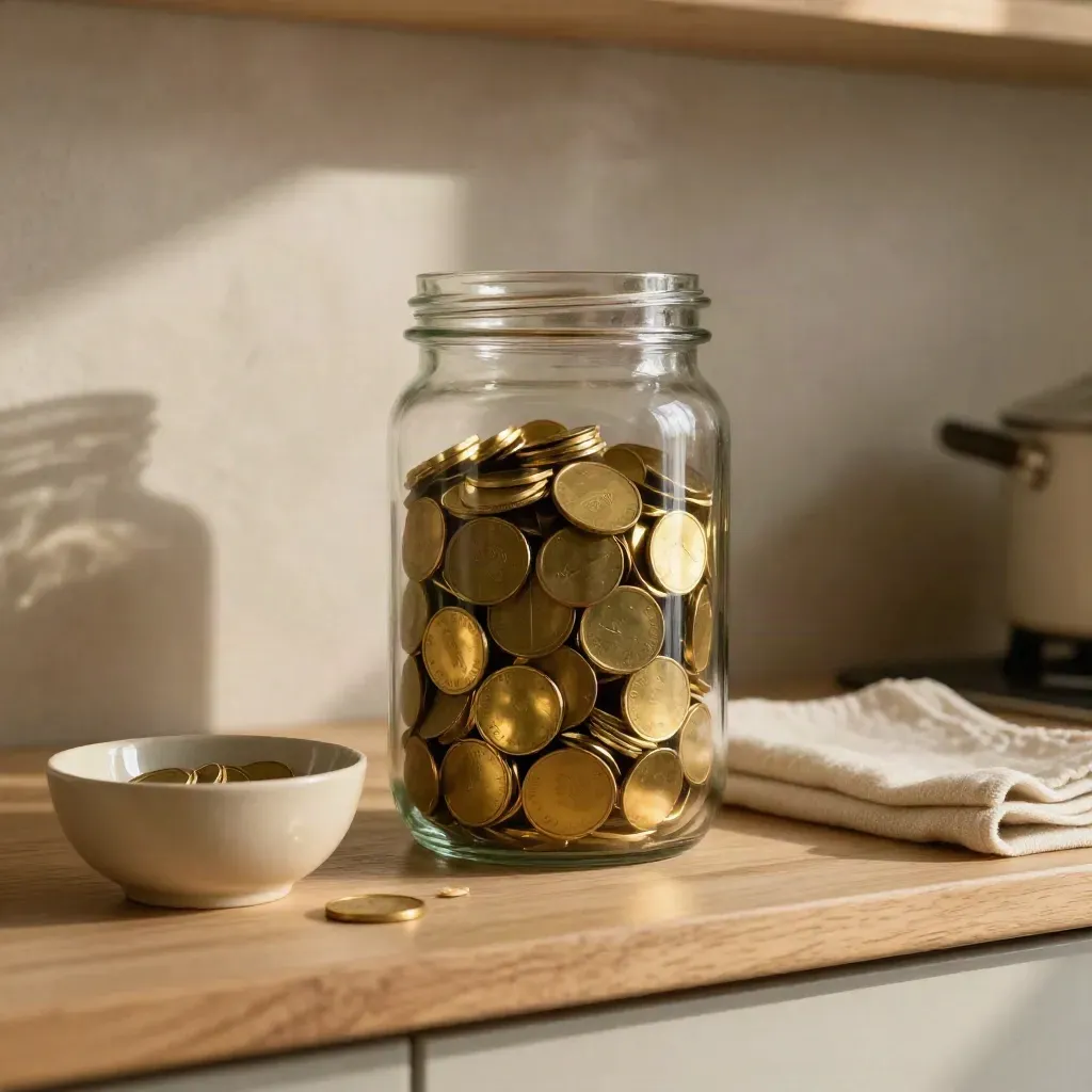 Glass jar of brass tokens on a pantry shelf with bowl, cloth, and warm window light