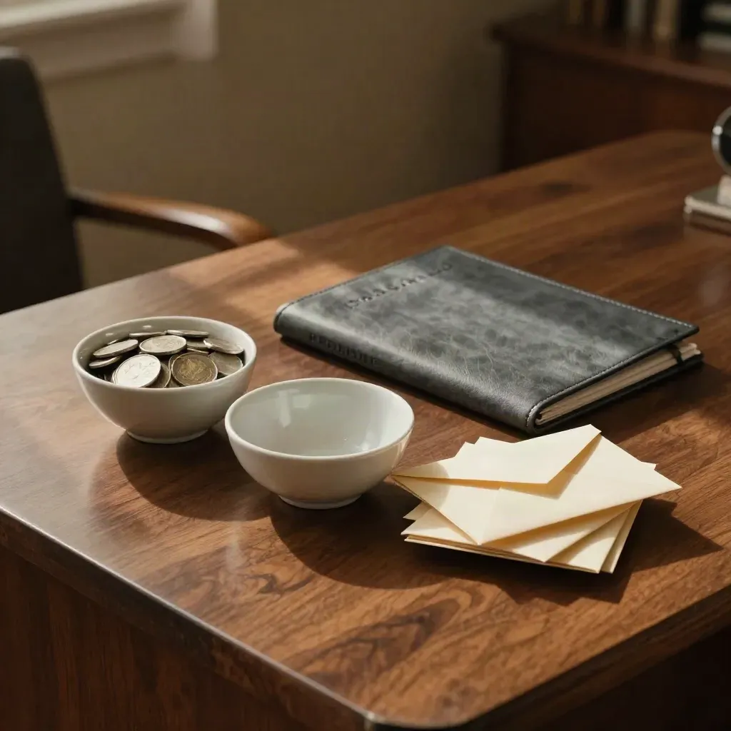 Walnut desk with three bowls of coins, emptiness and folded envelopes in warm afternoon light