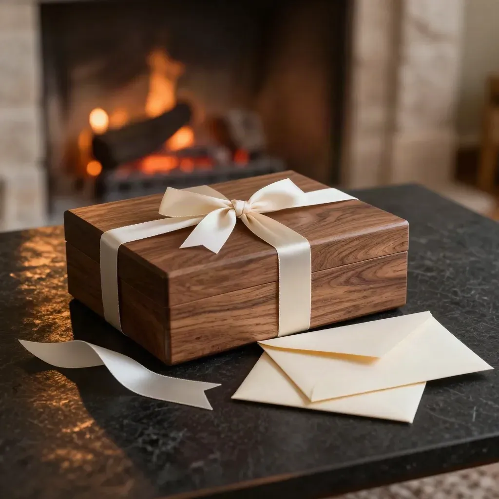 Walnut keepsake box, cream envelopes and ribbon on a hearthside table by firelight.