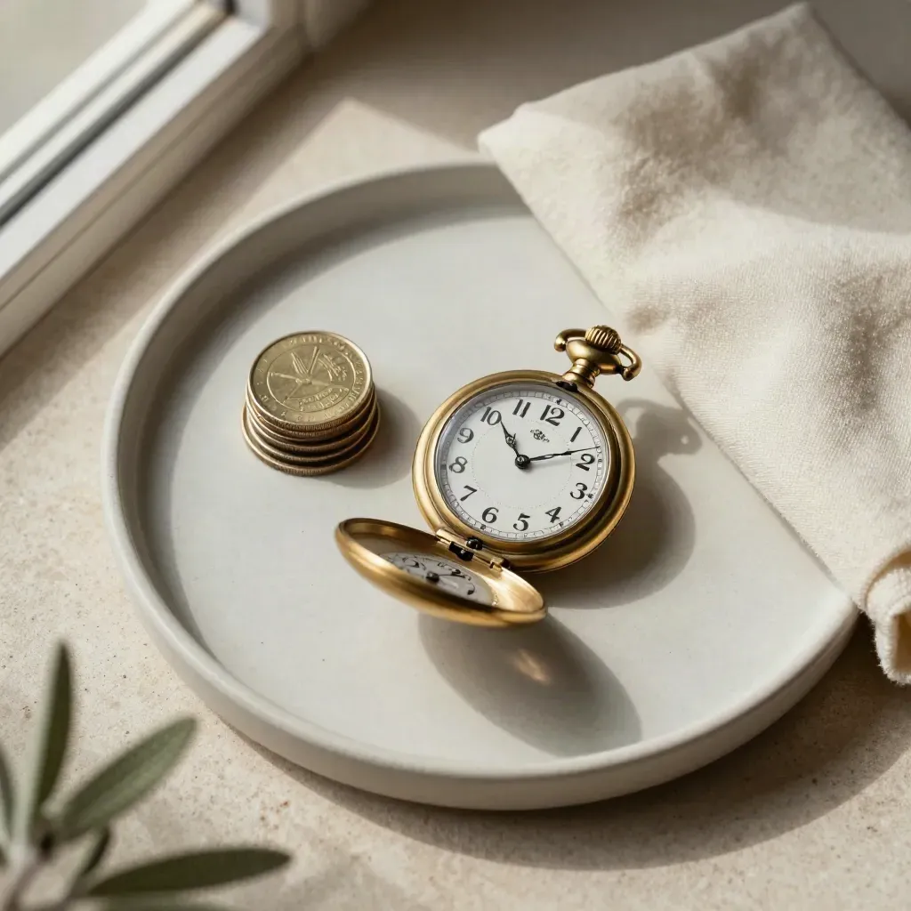 Brass pocket watch, coin stack, ivory cloth and tiny plant on a matte ceramic tray.