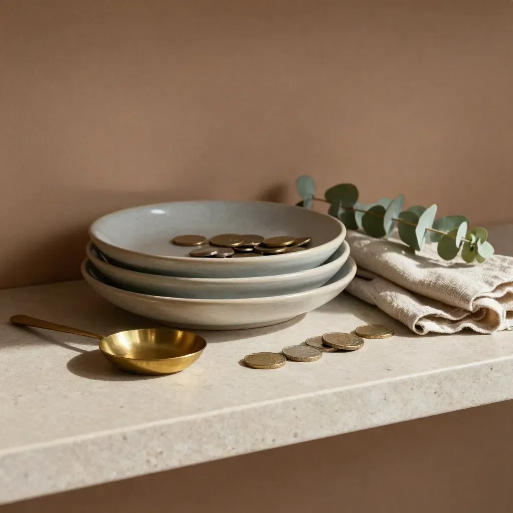Glazed dishes, coins, brass dish, linen and eucalyptus on a stone shelf in soft side light.