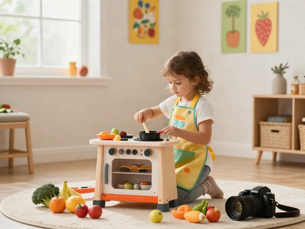 A young girl enjoys her toy kitchen, cooking with vibrant toy food and utensils in a bright playroom.