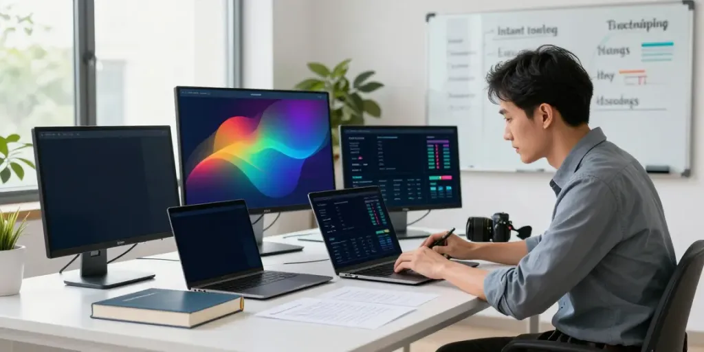 Professional digital marketer analyzing instant indexing metrics in a bright office.